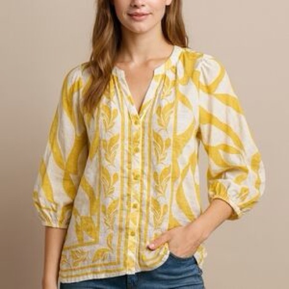 Anthropologie Tops - Anthropologie Fig and Flower Yellow floral abstract sheer Patterned Top